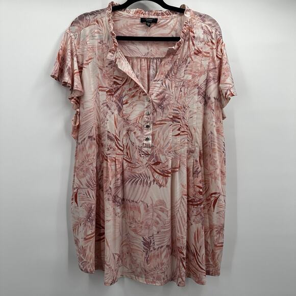 Cocomo Blouse Top Womens 3X Pink Floral Leaf Tropical Stretch Cooling Ruffle - Picture 1 of 11